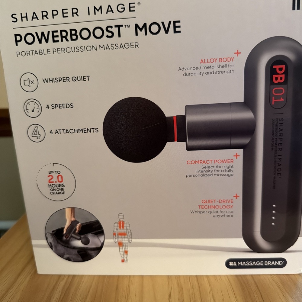 Sharper Image Powerboost Move Massage Gun 4 Speeds 4 Heads Cordless 1014502